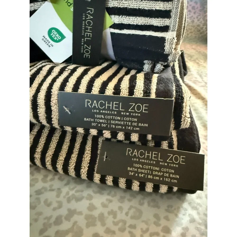 Rachel Zoe 8-Piece Black & Cream Striped 100% Cotton Towel Set NWT